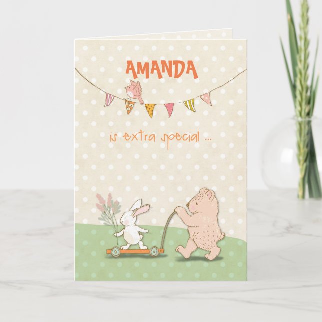 Custom Name Nanny Thanks Bear and Bunny Thank You Card (Front)