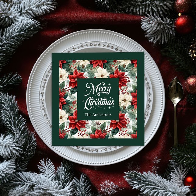 Custom Name Napkins Red Green Christmas Flowers (Custom Name Napkins Red Green Christmas Flowers)