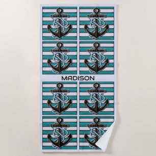Custom Name Nautical Anchor Pattern Beach Towel