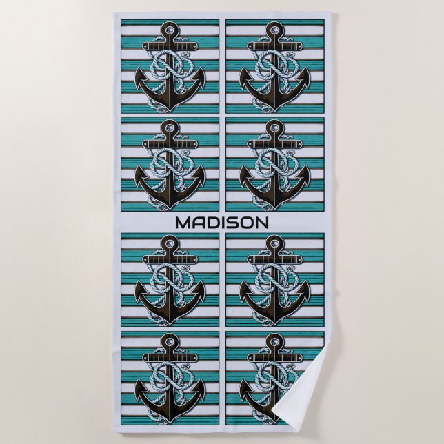 Custom Name Nautical Anchor Pattern Beach Towel (Front)