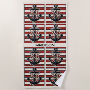 Custom Name Nautical Anchor Pattern Beach Towel