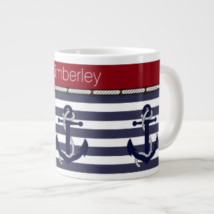 Custom Name Nautical Anchors Stripes Pattern Large Coffee Mug