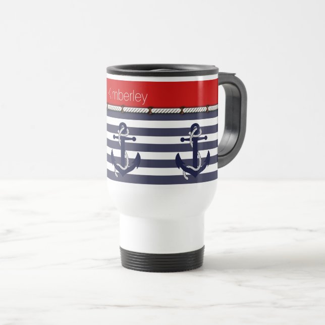 Custom Name Nautical Anchors Stripes Pattern Travel Mug (Front Right)