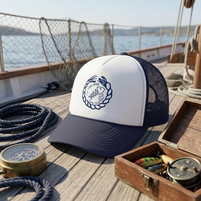 Custom Name Nautical Fish Skeleton Rope  Trucker Hat (Creator Uploaded)