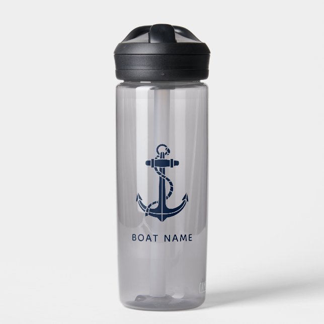 Custom Name Nautical Navy Blue Anchor  Water Bottle (Front)