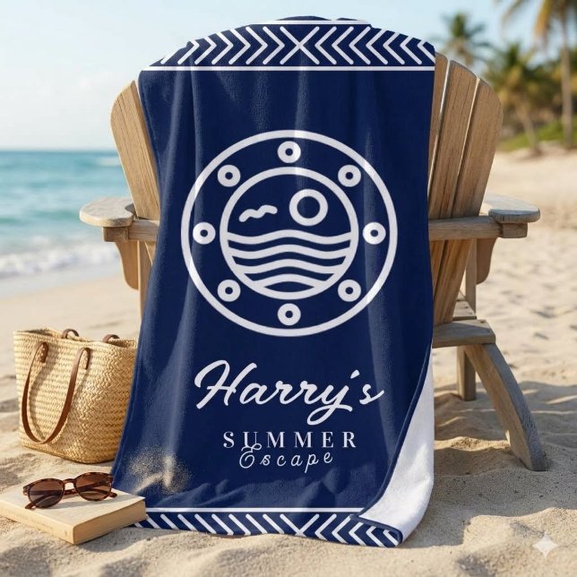 Custom Name Nautical Porthole Navy Blue Geometric  Beach Towel (Creator Uploaded)