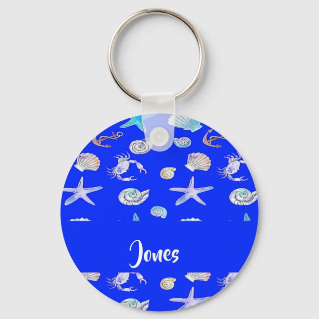 Custom name nautical print on blue key ring (Front)