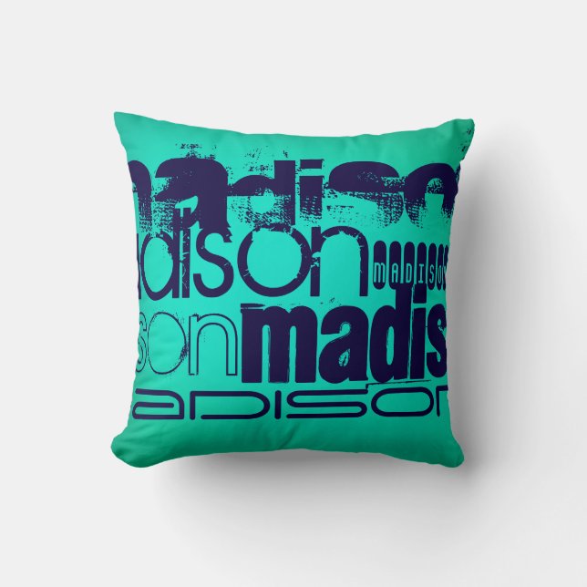 Custom Name; Navy Blue and  Neon Aqua Turquoise Cushion (Front)