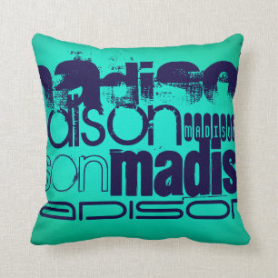 Custom Name; Navy Blue and  Neon Aqua Turquoise Cushion