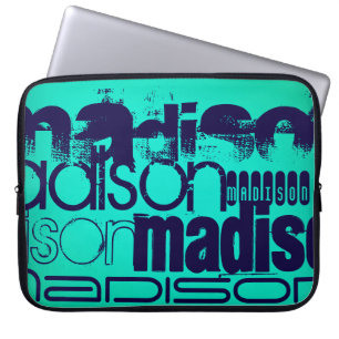 Custom Name; Navy Blue and Neon Aqua Turquoise Laptop Sleeve