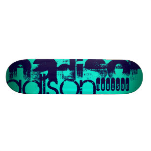 Custom Name; Navy Blue and Neon Aqua Turquoise Skateboard