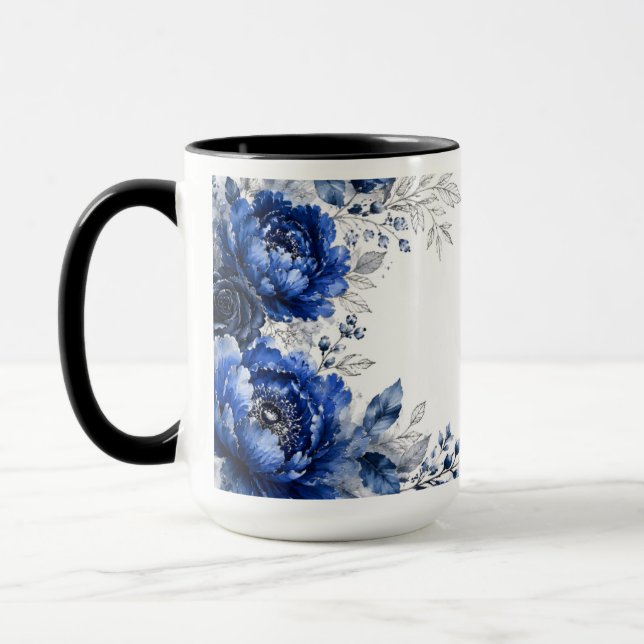 Custom Name Navy Blue Floral Monogram Initial Mug (Left)