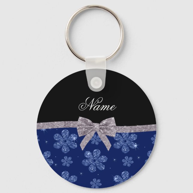 Custom name navy blue glitter flowers silver bow key ring (Front)