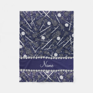Custom name navy blue glitter lacrosse sticks fleece blanket
