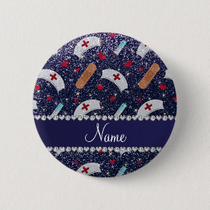 Custom name navy blue glitter nurse hats heart 6 cm round badge