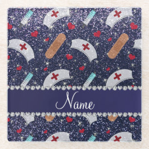 Custom name navy blue glitter nurse hats heart glass coaster