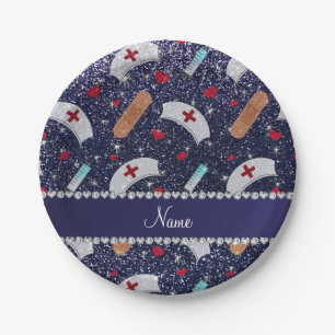 Custom name navy blue glitter nurse hats heart paper plate