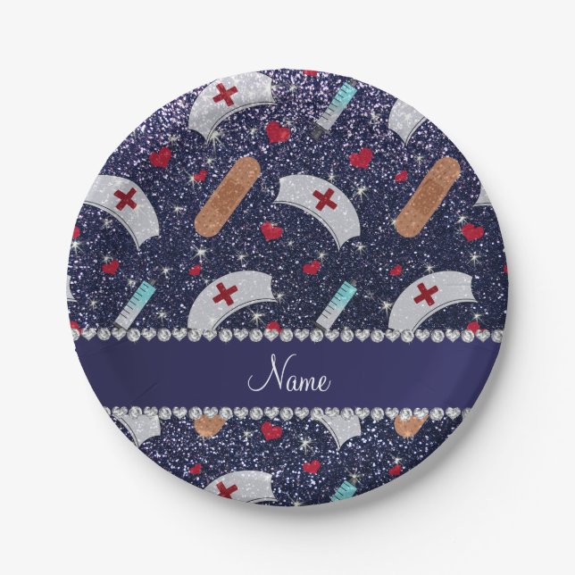 Custom name navy blue glitter nurse hats heart paper plate (Front)