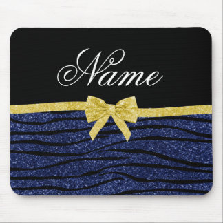 Custom name navy blue glitter zebra stripes bow mouse pad