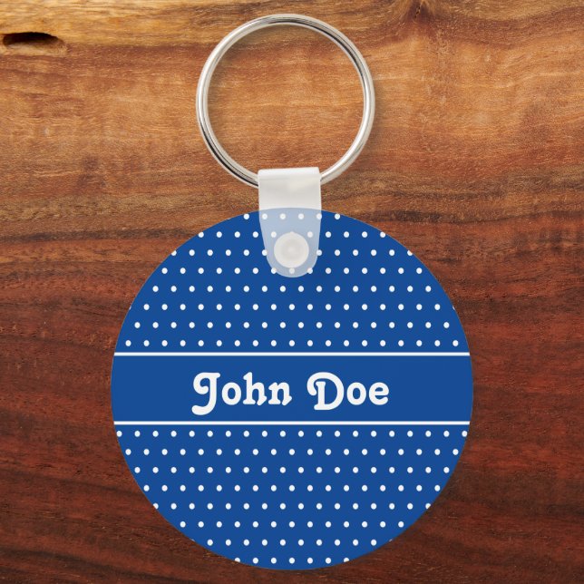 Custom Name Navy Blue Polka Dot Key Ring (Back)