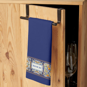 Custom Name Navy Blue & Yellow Mediterranean Tile Tea Towel