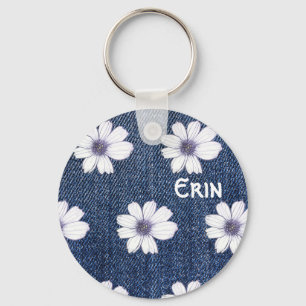 Custom Name Navy flower pattern Button Key Ring