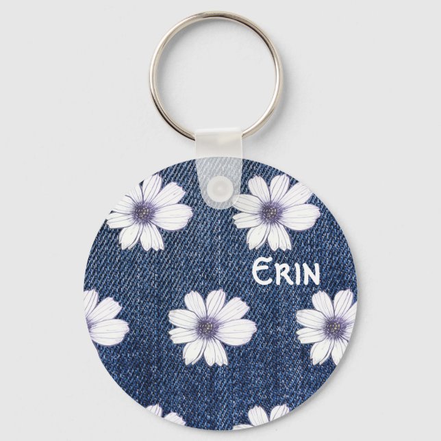 Custom Name Navy flower pattern Button Key Ring (Front)
