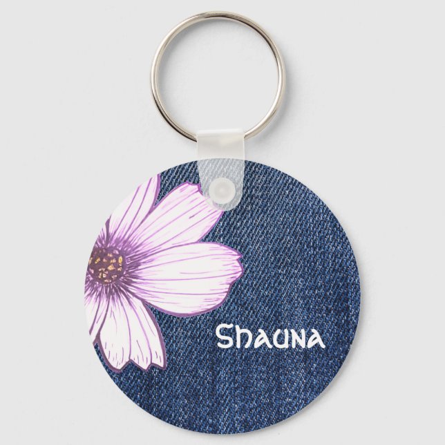 Custom Name Navy flower pattern Button Key Ring (Front)
