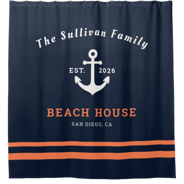 Custom Name Navy Orange Anchor Beach House Shower Curtain (Front)