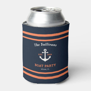 Custom Name Navy Orange Anchor Boat Party Reunion Can Cooler