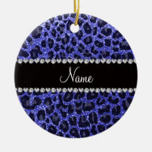 Custom name neon blue glitter leopard print ceramic tree decoration