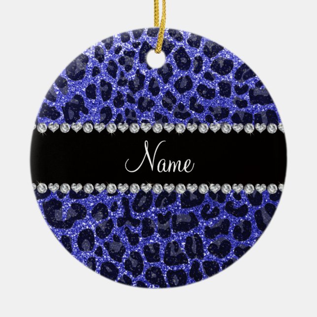 Custom name neon blue glitter leopard print ceramic tree decoration (Front)