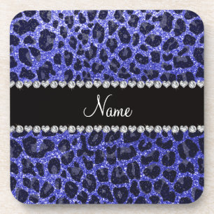 Custom name neon blue glitter leopard print coaster