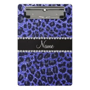 Custom name neon blue glitter leopard print mini clipboard