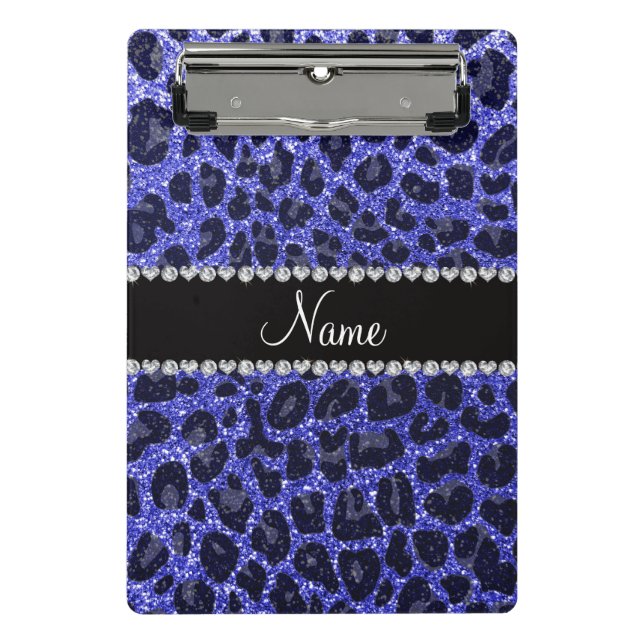 Custom name neon blue glitter leopard print mini clipboard (Front)