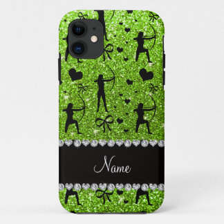 Custom name neon green glitter archery iPhone 11 case