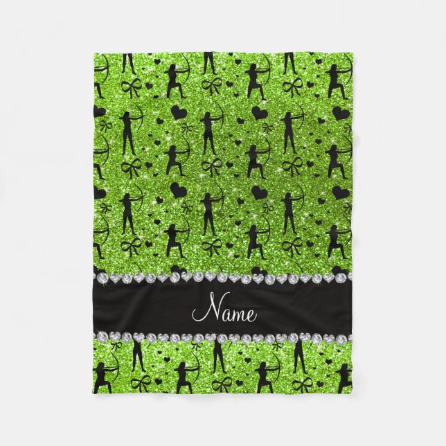 Custom name neon green glitter archery fleece blanket (Front)