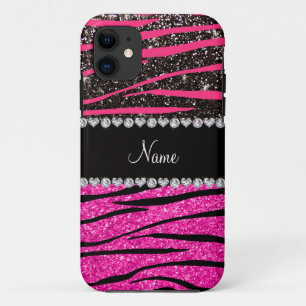Custom name neon hot pink and black zebra stripes iPhone 11 case