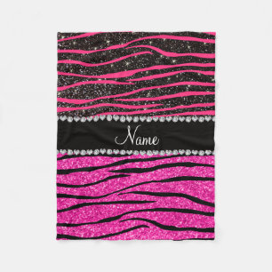 Custom name neon hot pink and black zebra stripes fleece blanket