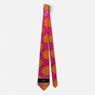 Custom name neon hot pink glitter basketballs tie