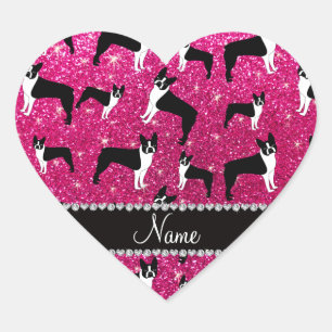 Custom name neon hot pink glitter boston terrier heart sticker