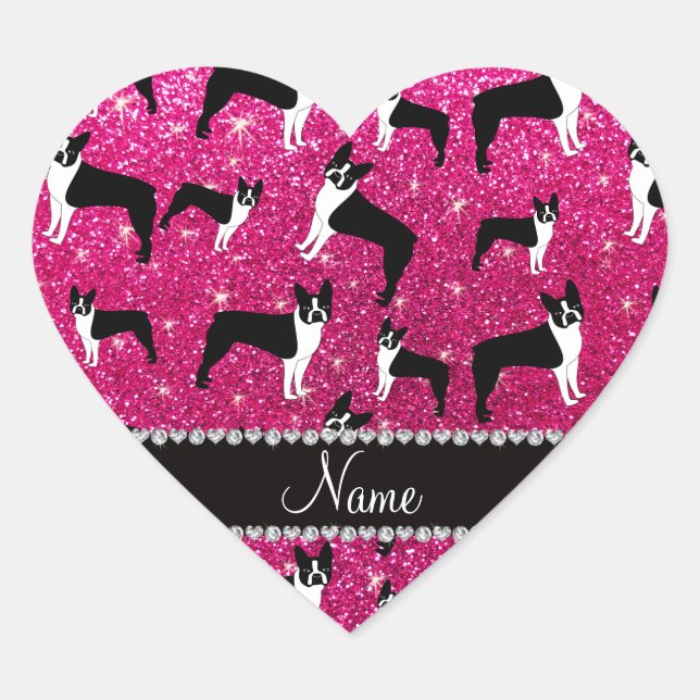 Custom name neon hot pink glitter boston terrier heart sticker (Front)