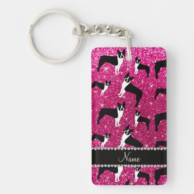 Custom name neon hot pink glitter boston terrier key ring (Front)