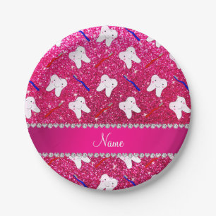 Custom name neon hot pink glitter brushes tooth paper plate