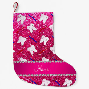 Custom name neon hot pink glitter brushes tooth small christmas stocking