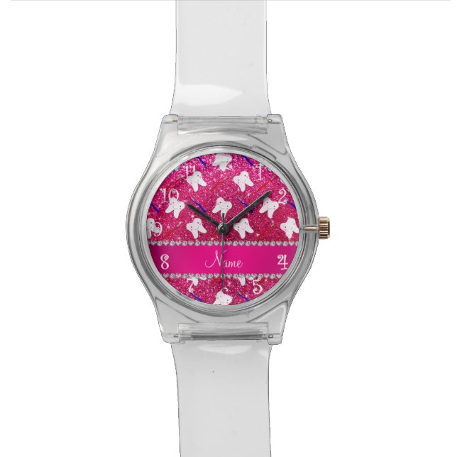 Custom name neon hot pink glitter brushes tooth watch (Close Up)