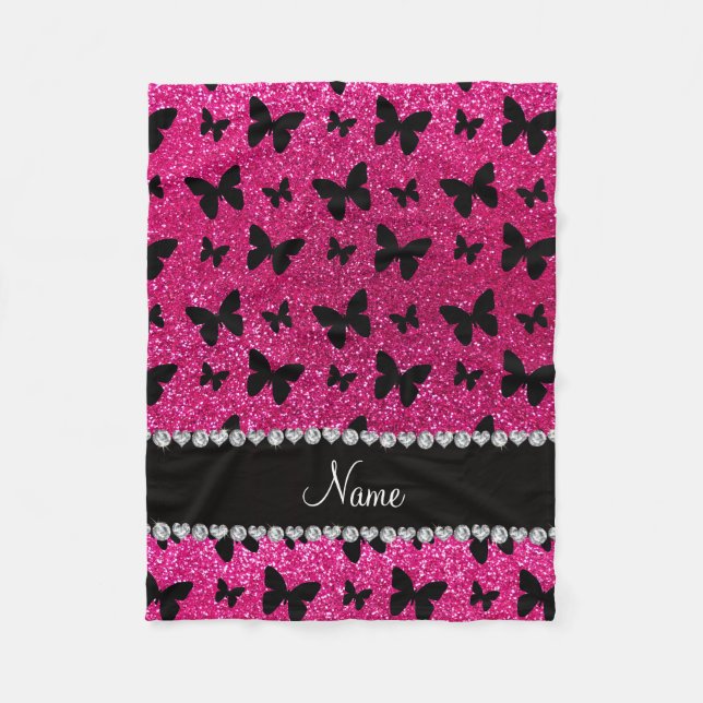 Custom name neon hot pink glitter butterflies fleece blanket (Front)