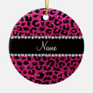 Custom name neon hot pink glitter cheetah print ceramic tree decoration