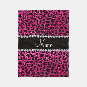 Custom name neon hot pink glitter cheetah print fleece blanket