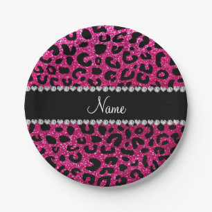 Custom name neon hot pink glitter cheetah print paper plate